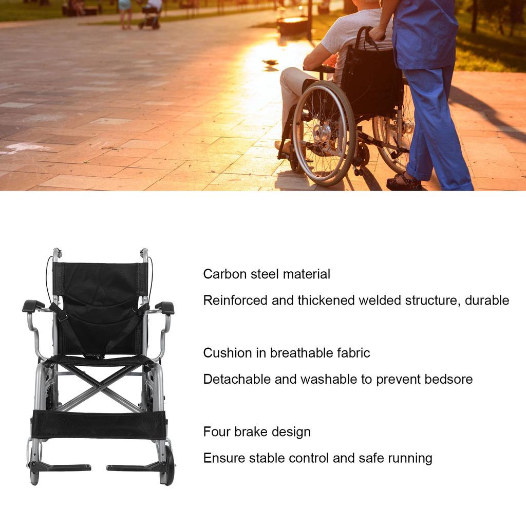 Folding Wheelchair Portable Breathable Cushion Senior Lightweight Wheelchair with Brake for Indoor Outdoor Hospital Home