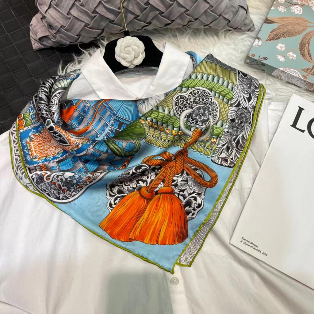 Bysifa|New Blue Silk Scarf Hijab Shawl Women Fashion Accessories Head Neck Scarves Printed Fall Winter Square Scarves Wraps 90Cm