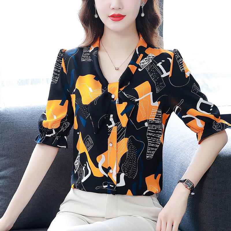 2023 Summer Fashion V-Neck Print Loose Ruffled Short-Sleeve Chiffon Top for Women