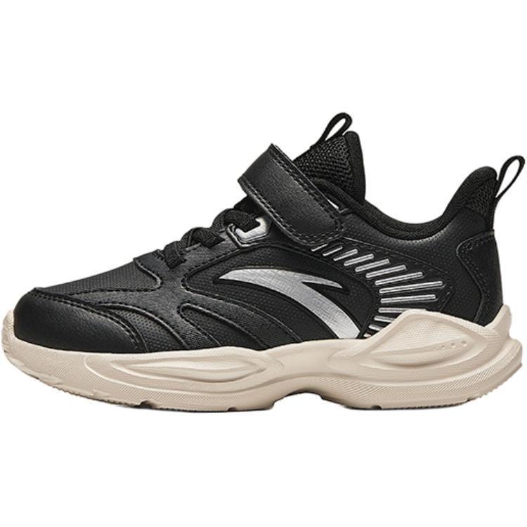 Anta Kids Synthetic Leather Comfortable Velcro Lightweight Shock Absorption Low Top Running Shoes Kids Running Shoes Black Silver A12439952N-1