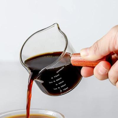 75ML Espresso Miarka z uchwytem drewnianym Kubek ze skalą Wysoki borokrzemianowy Podwójny otwór Mleko Latte Miarka do kawy Szklany kubek