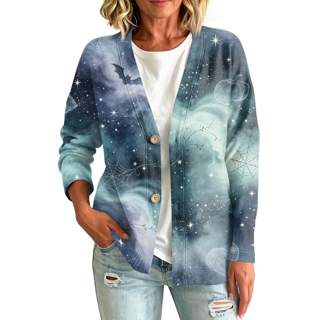 Women's Casual Long Sleeve Jacket with Halloween Print for Holiday Parties