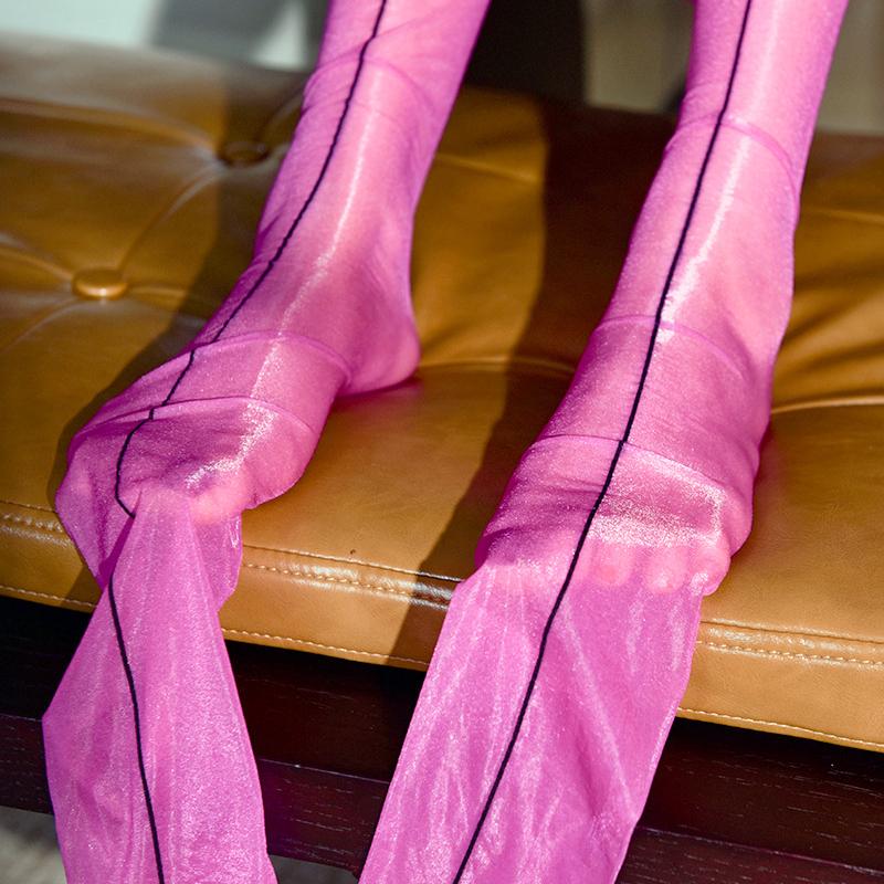 Women Sexy T-Shape Open Crotch Tights 1D Oil Shiny Cuban Heel Back Seam Pantyhose Ultra Thin Transparent Silky Underwear