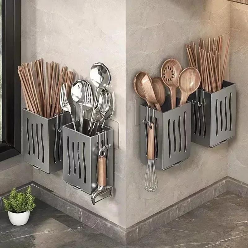 Kitchen Wall Mounted Cutlery Organizer Plastic Spoon Fork Chopstick Drain Storage Rack Drainer Utensil Kitchen Organizer