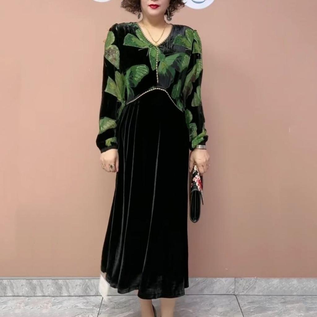 Women's Plus Size Dress Velvet Patchwork Dress Autumn V-neck A-line Velvet Long Floral Dress