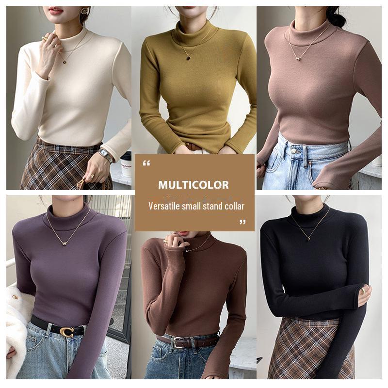 Women's Modal Velvet Half-High Collar Long-Sleeved Slim Warm Bottoming Shirt for Autumn and Winter