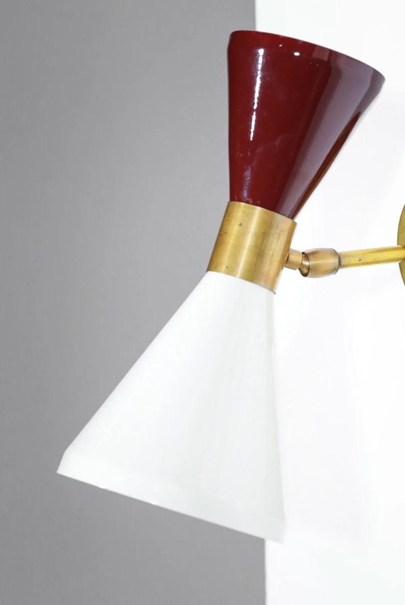 

Pair Italian Diabolo Wall Lights: Brass & Lacquered Steel, Vintage Style червоний