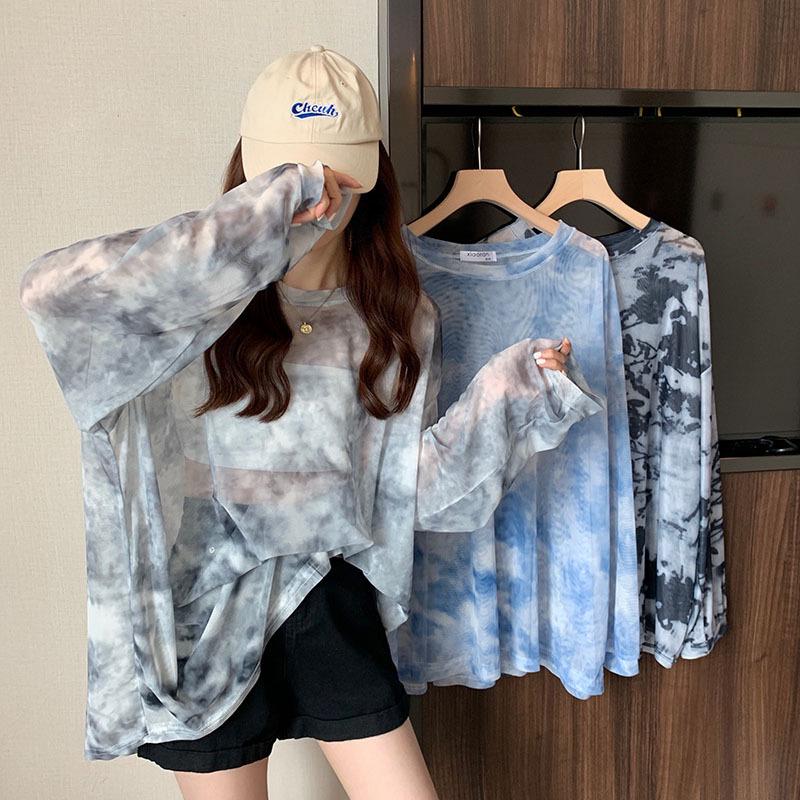 Women's Tie-Dye Transparent Sun Protection Loose Long-Sleeve T-Shirt, Plus Size, Couples Style, Trendy Top.