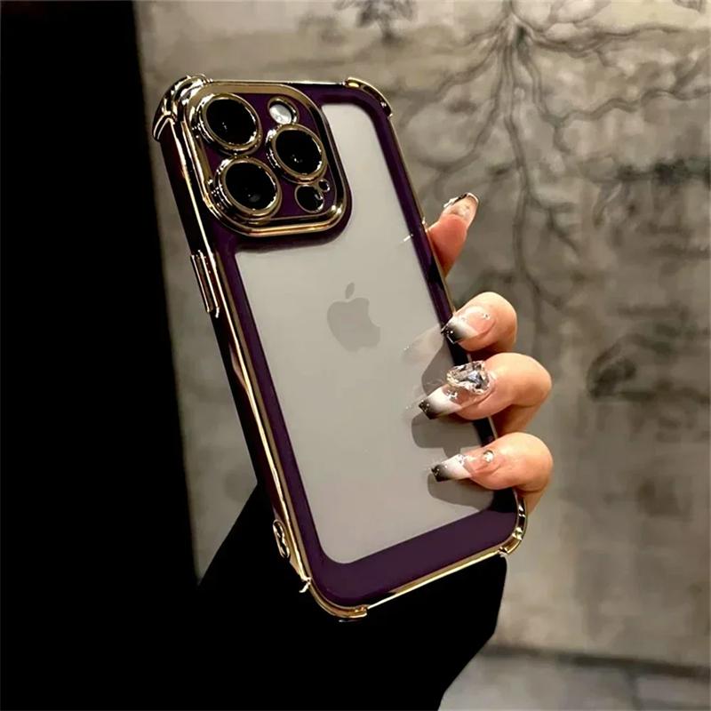 

Роскошный прозрачный защитный чехол для телефона с гальваническим покрытием для iPhone 16 15 14 13 12 11 Pro Max 16 15 14 Plus, противоударный прозрачный чехол-бампер iPhone 16 Pro Max фиолетовый