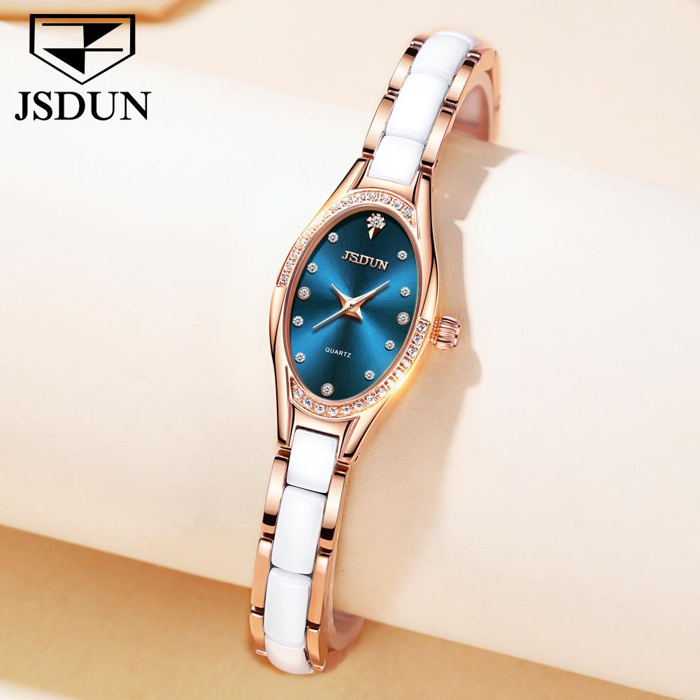 JSDUN Schweizer Quarzuhr für Damen Elegante Luxus-Roségold Keramik Stahlarmband Mode Ovales Diamantzifferblatt Armbanduhren 8842