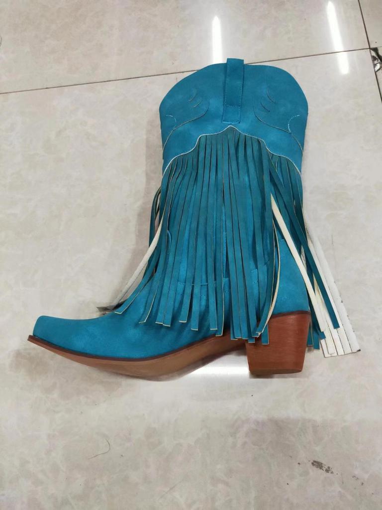 Women's Retro Handmade Pointed Toe Mid-Calf Fringe Boots with Chunky High Heels 