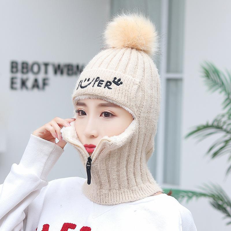 Women's Winter Knitted Hat Warm Zipper Windproof Winter Cap With Neck Warmer