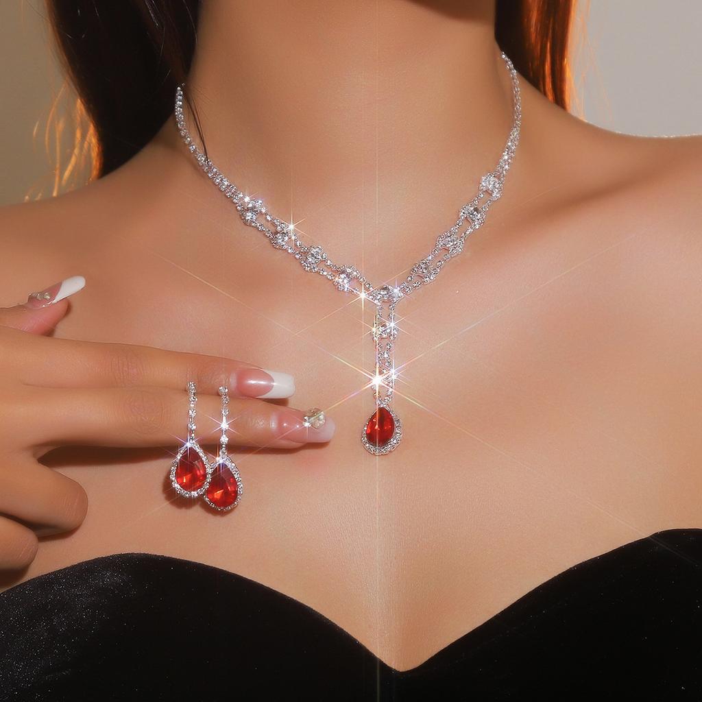 Black, Blue, Red and White High-level Sense of Super-flash Full of Diamonds Droplets Necklace Earrings Two-piece Bridal Jewelry Set