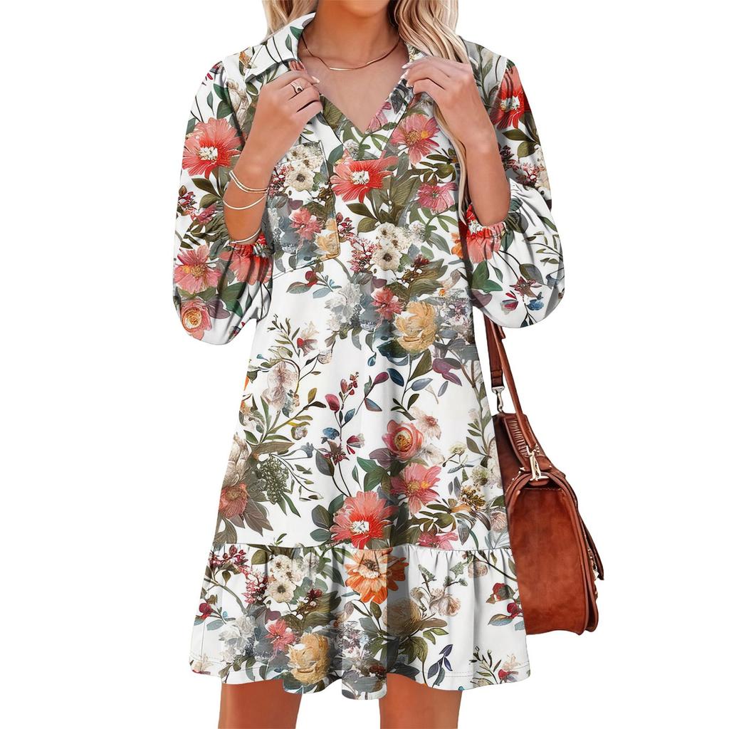 Women's Fashion Elegant Autmn And Winter Long Sleeve V,Neck Christmas Print Dress