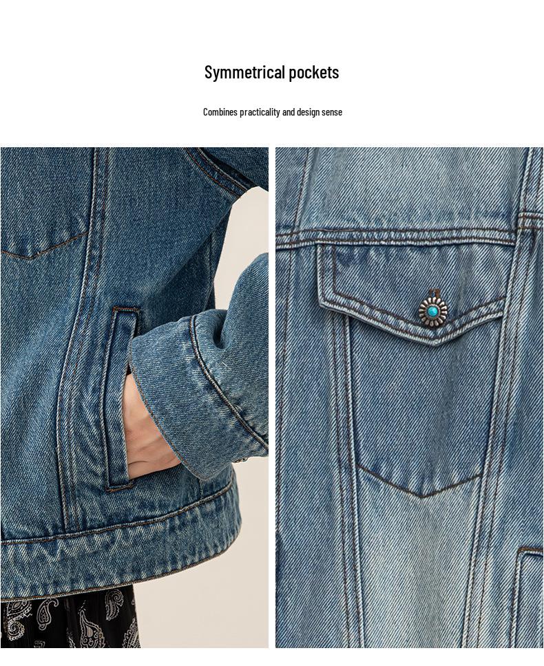 Xin Ge Damen Retro Patchwork Jeansjacke mit Aufschlagmanschetten - Herbst Blau Print Design
