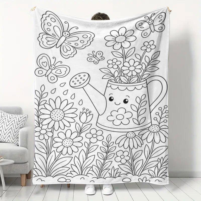 1pc Wind Garden Watering Can Printed Flannel Blanket, Butterfly Floral Pattern Home Warm Blanket, Bedroom Living Room Sofa Nap Blanket, Cute Room Deco