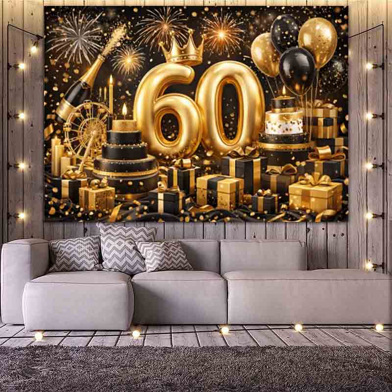 Black Gold Luxury 60th Happy Birthday Photography Backdrop Golden Number Balloon Cake Gift Box 60th Birthday Party Decor