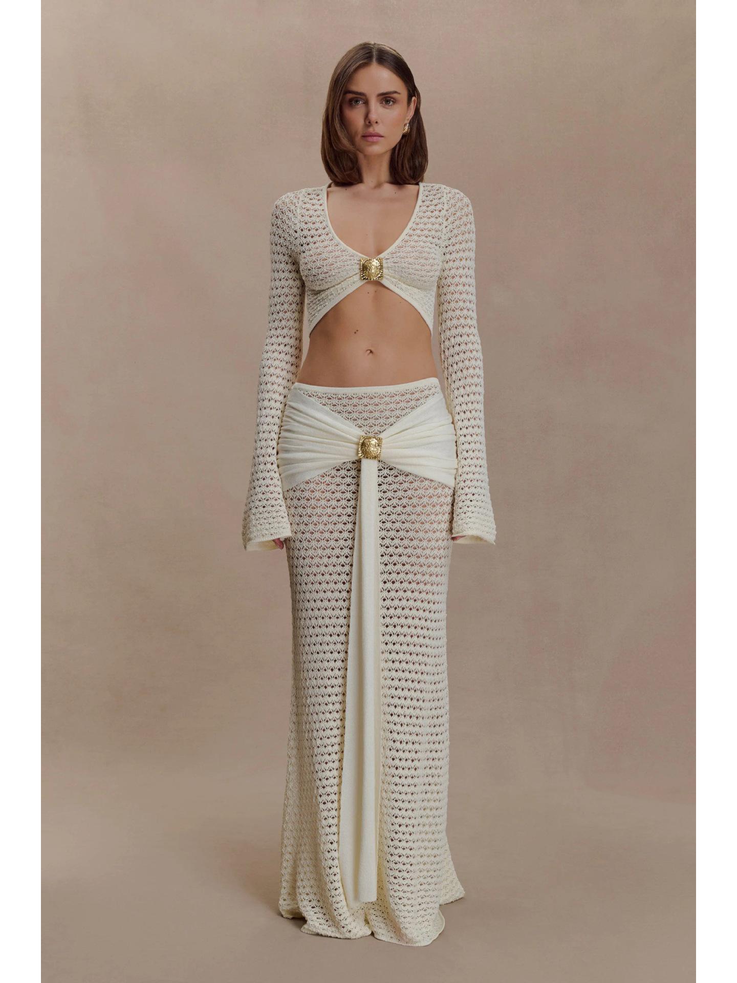 2026 Новый Стиль Женский Сексуальный Облегающий Комплект для Отпуска: Прозрачный, Ажурный, Однотонный M белый