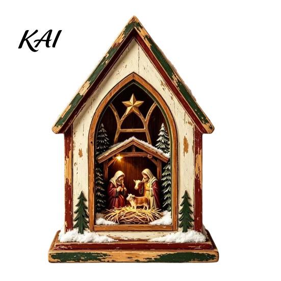 Retro Style Holiday Table Accents Christmas Wooden Tabletop Decor with Warm LED Lights, 2D Printed Snow Village Scene Charming Winter Keepsakes