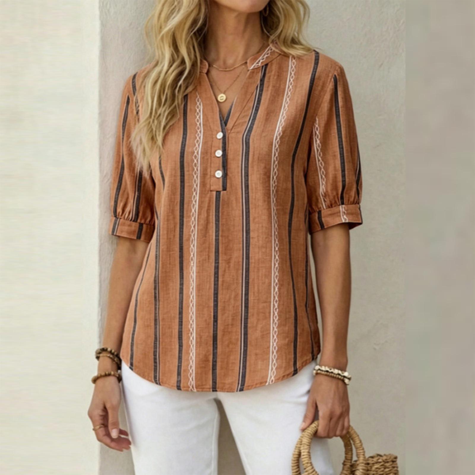 Women s Summer Short Sleeve Loose Fit Slub Linen Striped Print Shirt Top XL