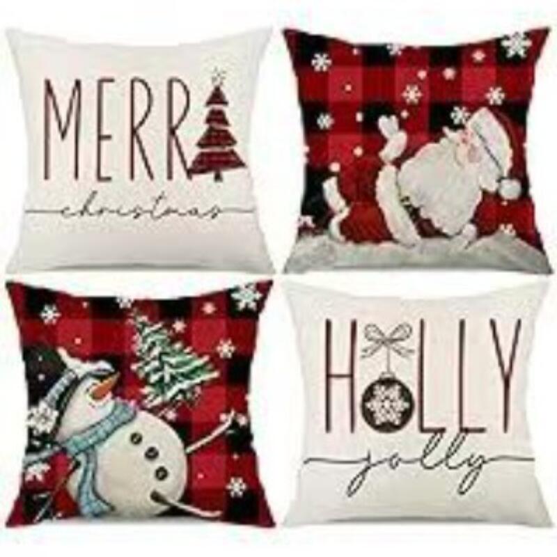 4 PC Reversible Christmas Pillow Covers Set - Santa Snowman Linen Blend Sofa Decor Festive Home Accents