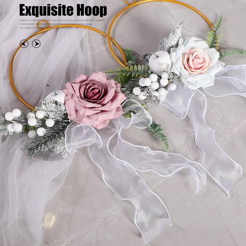 Wall Hanging Decoration Metal Floral Hoop Wreath with Artificial Rose Flowers Iron Round Frame Garland for Wedding Decor bianco