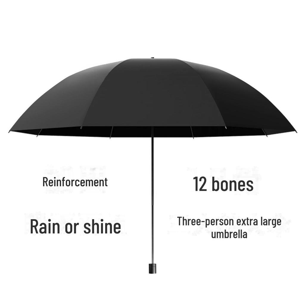 Twelve-Bone Folding Sunshade Umbrella - Large, Black, Logo-Printed for Sun and Rain Protection