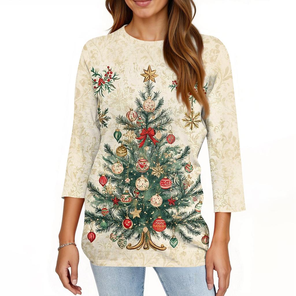 Damen T-Shirt mit Weihnachtsdruck, 3/4-Ärmel, für den Alltag, Wochenendmode, Basic, Rundhalsausschnitt, normales Oberteil