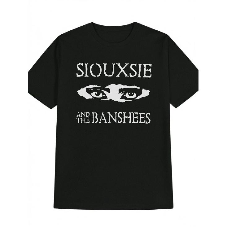 SIOUXSIE AND THE BANSHEES Gothic Graphic Black T-Shirt - Stylish Crew Neck Tee with Striking White Text and Eye Design, Perfect for Music Lovers and