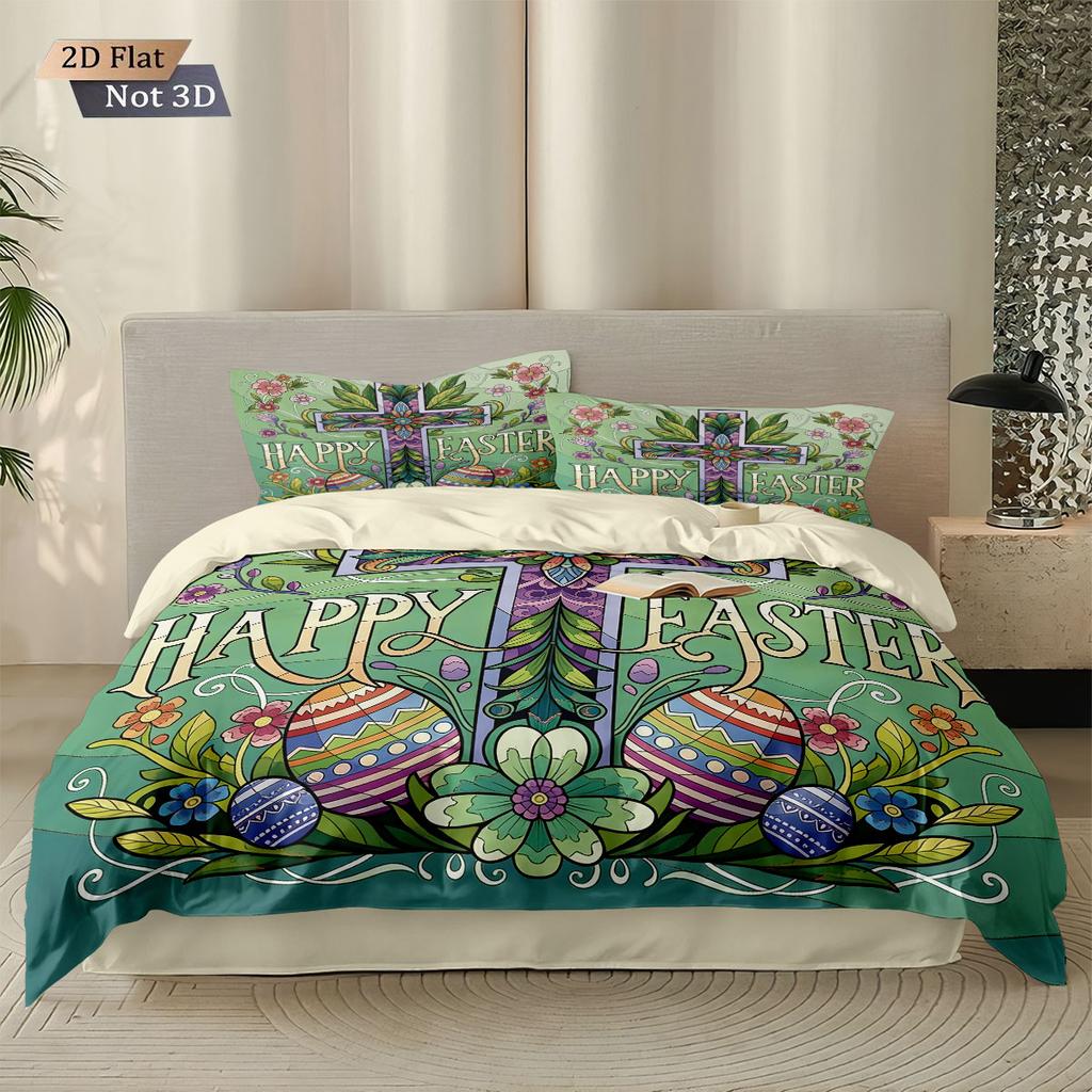 3pcs Easter Happy Cross Green Printed Core free Down Duvet Cover Set Comfortable Bedroom Bedding Decoration Machine Washable