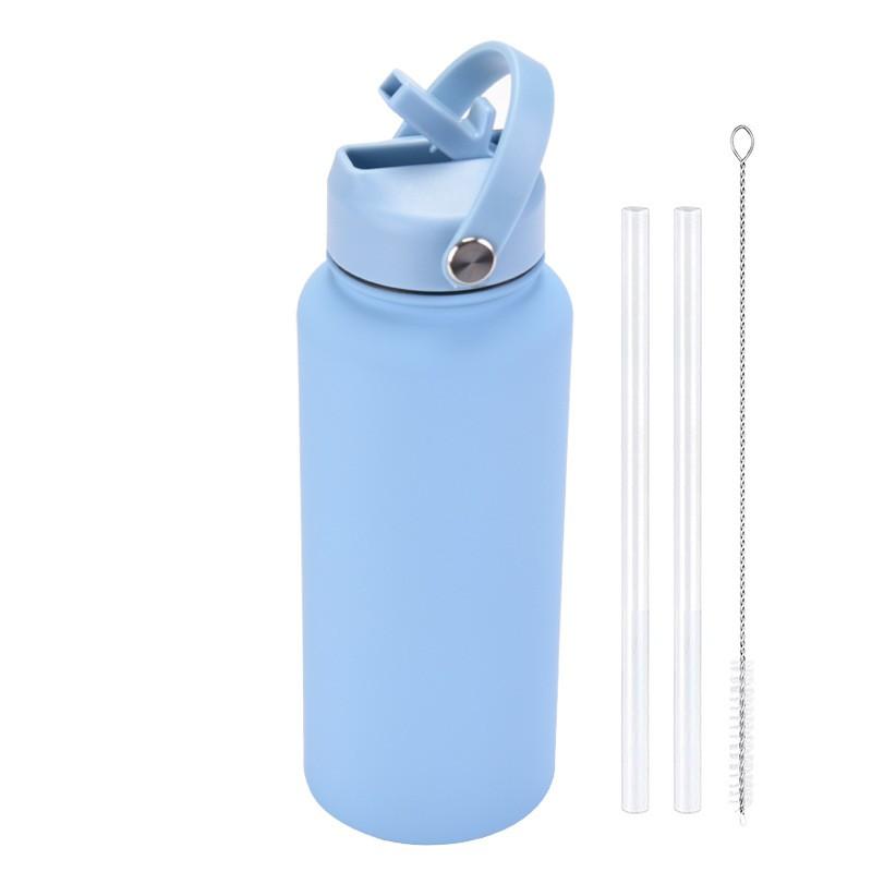 1L Stainless Steel Vacuum Insulated Water Bottle With Handle Straw Lid Outdoor Sports Travel