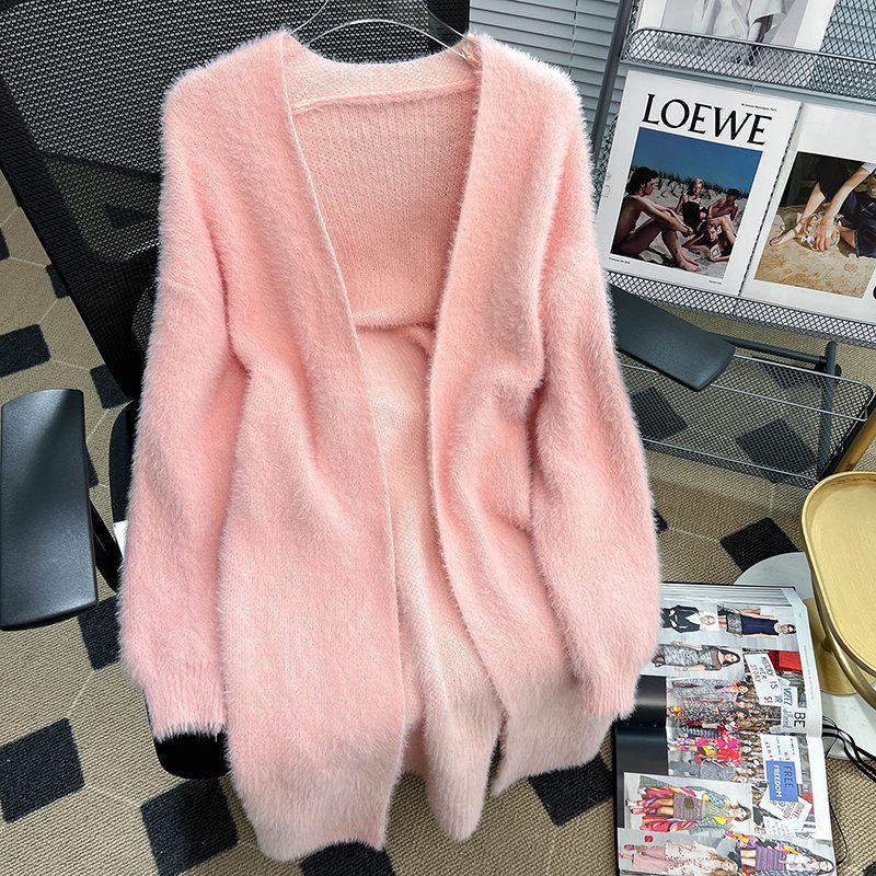 Women's Lazy Style Mink Velvet Cardigan Coat - Long, Loose, Over-Knee Knit Outerwear for Autumn & Winter