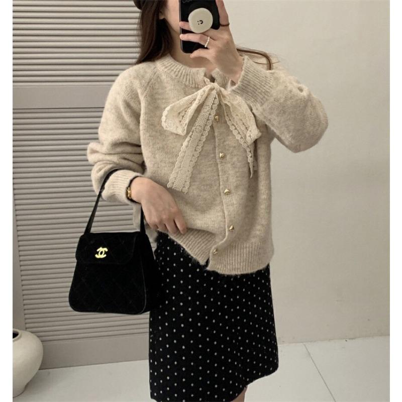 Crew Neck Bow Sweater Cardigan Women's Autumn and Winter Soft Waxy Lazy Wind Loose Knitted Jacket Thick