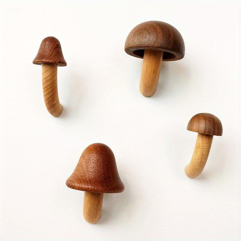 4Pcs Wooden Mushroom Refrigerator Magnet Home Kitchen Refrigerator Magnet 3D Solid Wood Magnet Crafts Ornament Wood Color