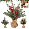 Desktop Holiday Decoration Miniature Christmas Tree with Red Berries, Artificial Mini Pine Burlap for Office Base, Tabletop Faux Small Potted
