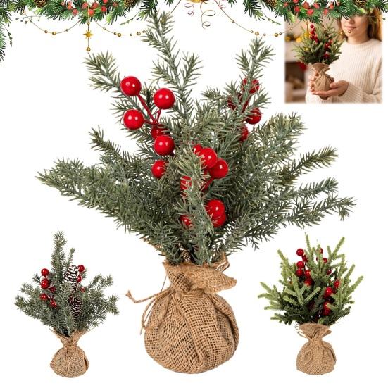 Desktop Holiday Decoration Miniature Christmas Tree with Red Berries, Artificial Mini Pine Burlap for Office Base, Tabletop Faux Small Potted