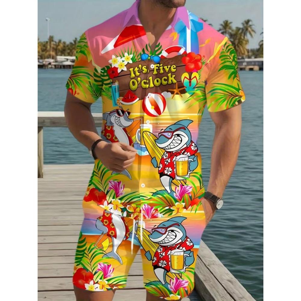 Completo estivo a maniche corte da uomo e da donna Stampa con motivo irregolare Stile marino Moda Camicia con bottoni Top Pantaloncini corti