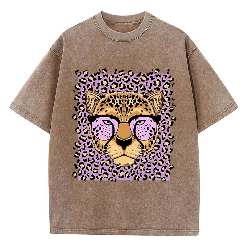 Vintage Womens Mens Acid Wash T-Shirts Leopard Cartoons Printing Tees Crewneck Cotton Oversize Short Sleeve Female Clothes