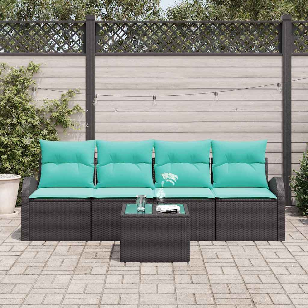 Garden Sofa Set with Cushions 5 pcs Black and Turquoise Poly Rattan
