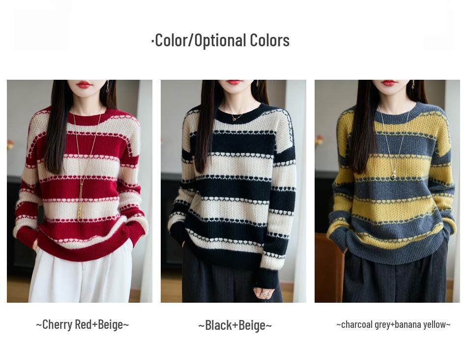 Women's Striped 100% Wool Sweater: Round Neck, Color Block, Loose Fit Knitwear, Plus Size, European Style.