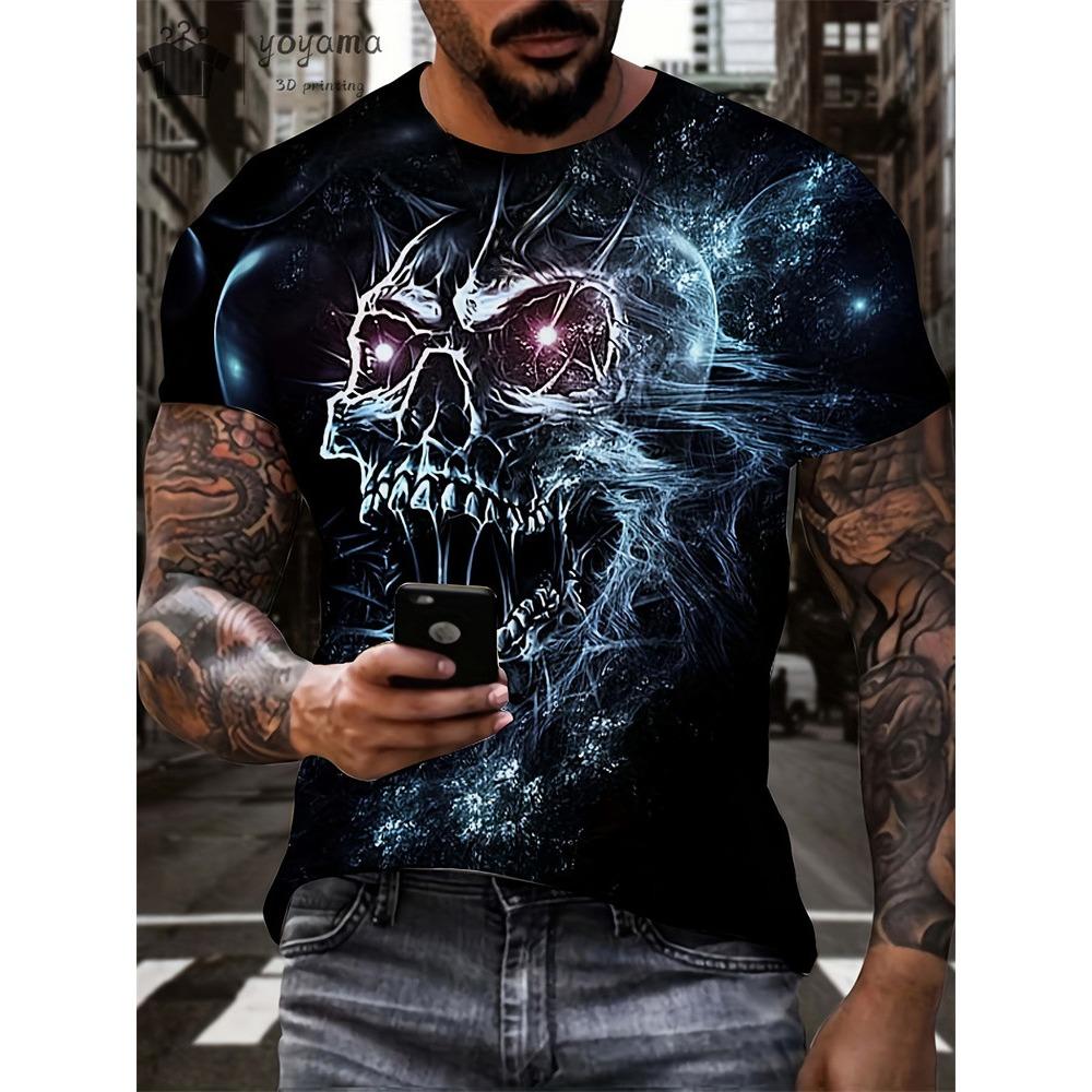 Skräckskalletryck för män T-shirt 3D-tryck Vintage o-halsad kortärmad mode överdimensionerade T-shirts Herr sommar streetkläder