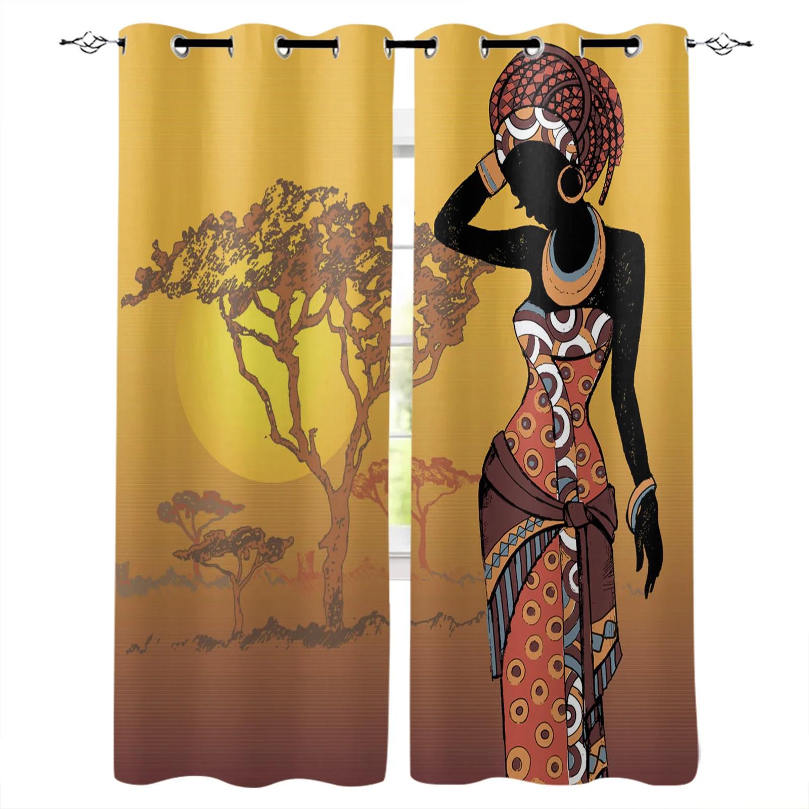 

2 шт. Древние этнические африканские женские оконные шторы для гостиной, спальни, кухни, занавески, шторы, абстрактное искусство, оконное оформление W60xH100(CM)x2pcs&Rod Pocket