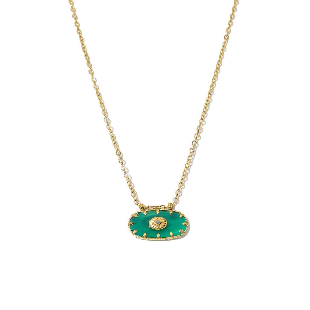 French Retro Style 18K Gold Titanium Steel Necklace Inlaid With Malachite Pendant Women'S Collarbone Chain Necklace