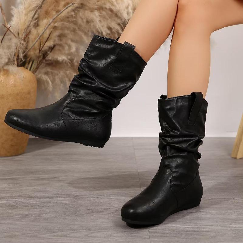 Fashion Women Boots Simple Comfortable Versatile Casual Slip On Short Boots Fashion Pleated Round Toe Autumn Solid Color Flat Booties