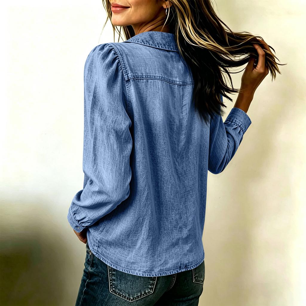 Women's Denim Button Down Shirt with Lapel Collar for Casual Daily Wear