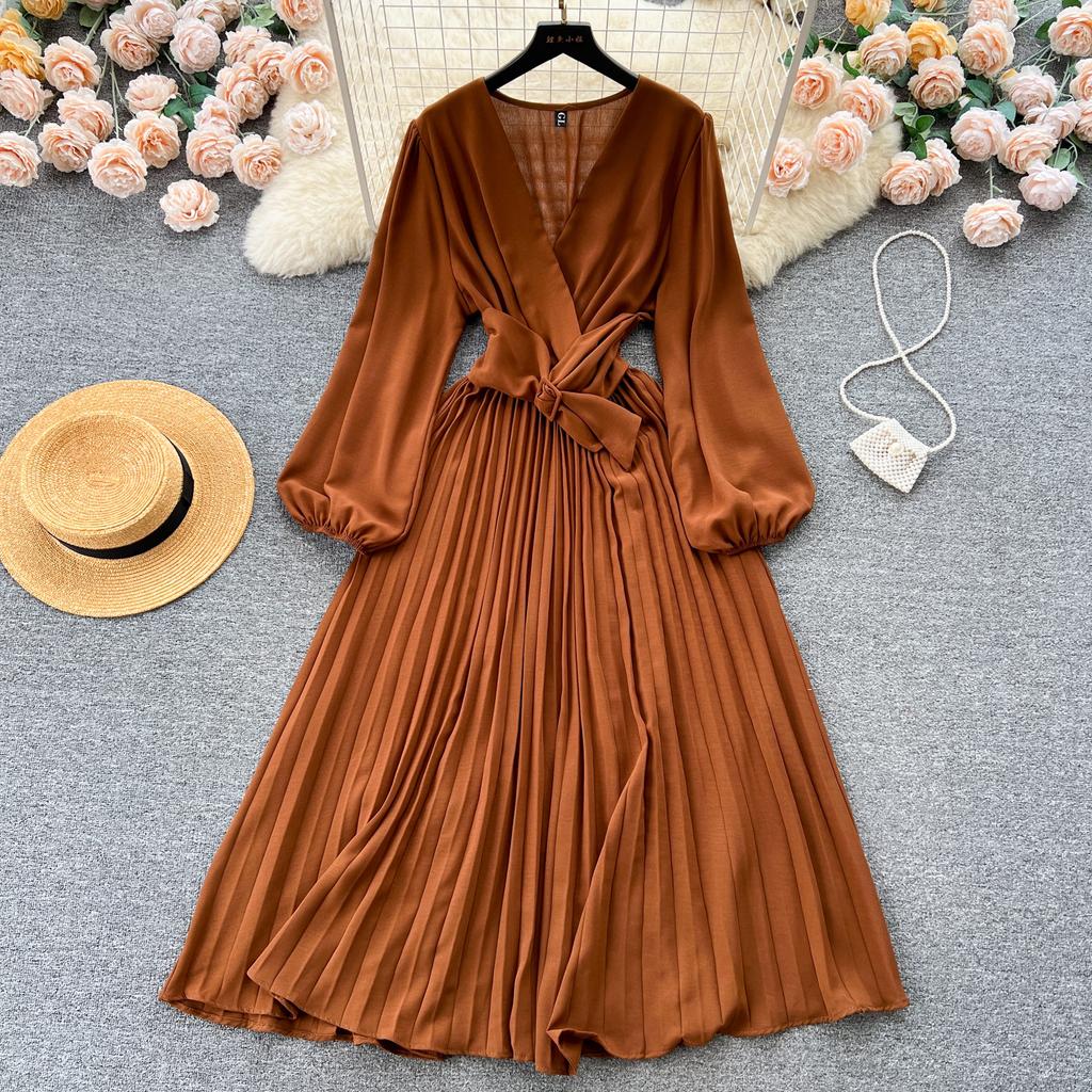 Autumn Women Vintage Pleated Midi Dress Elegant V-Neck Puff Long Sleeve High Waist A-Line Red Green Dresses
