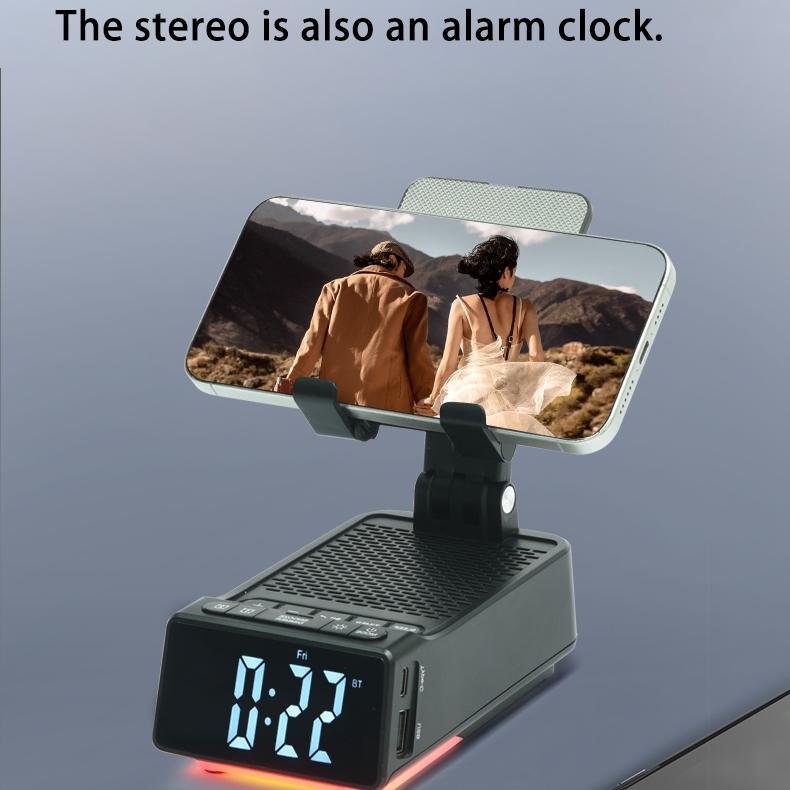 Alarm Clock Bluetooth Speaker Tablet Mobile Phone Stand Rotation Lifted Folding Portable Charging Bank LED Colorful Lights U Disk Player