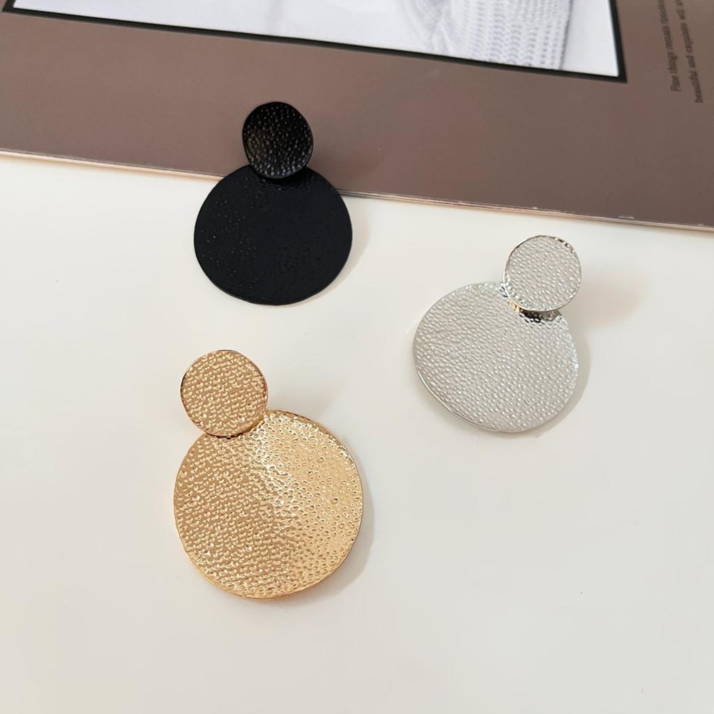 Hammered Double Disc Drop Earrings for Women Textured Round Statement Earrings