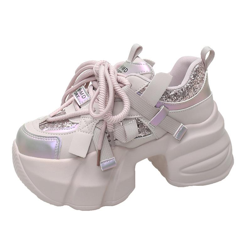 2025 autumn new heavy industry sequins color matching sweet dad shoes muffin thick sole height increase small sports and leisure shoes