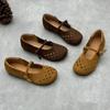 Johnature Handmade Genuine Leather Hollowed Out Women's Flat Shoes Retro Round Toe Soft Cowhide Sandals